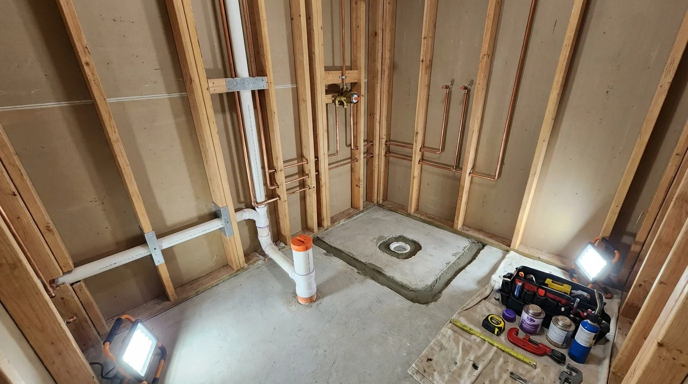 Bathroom rough-in plumbing during remodel by Johns Plumbing LLC in Gove