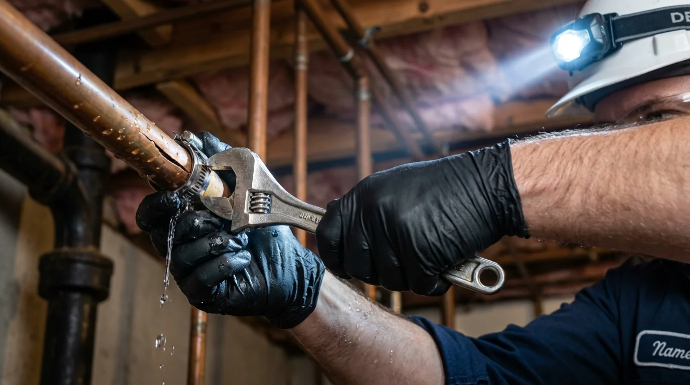 Emergency pipe clamp repair being performed by a Johns Plumbing LLC plumber in Gove