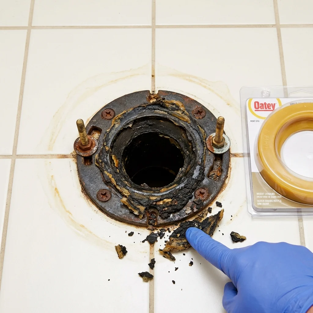 Failed wax ring showing water seepage at the base of a toilet in a Gove, KS home
