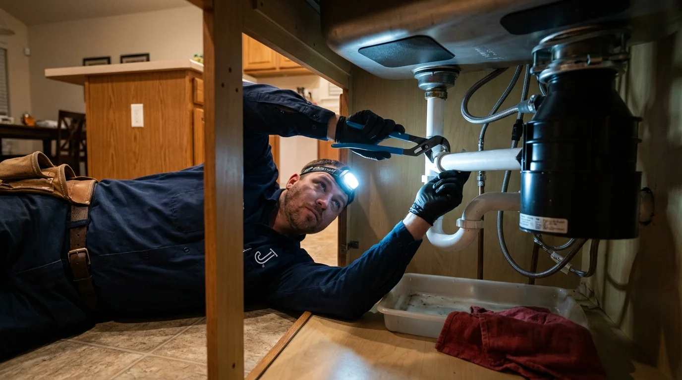 P-trap and supply line connections under a kitchen sink showing a common leak point in Gove, KS